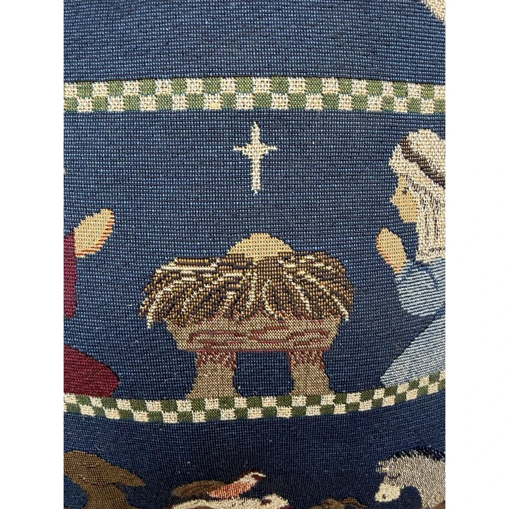 Decorative Tapestry Throw Pillow Christmas Nativity Blue Square Red Back 15